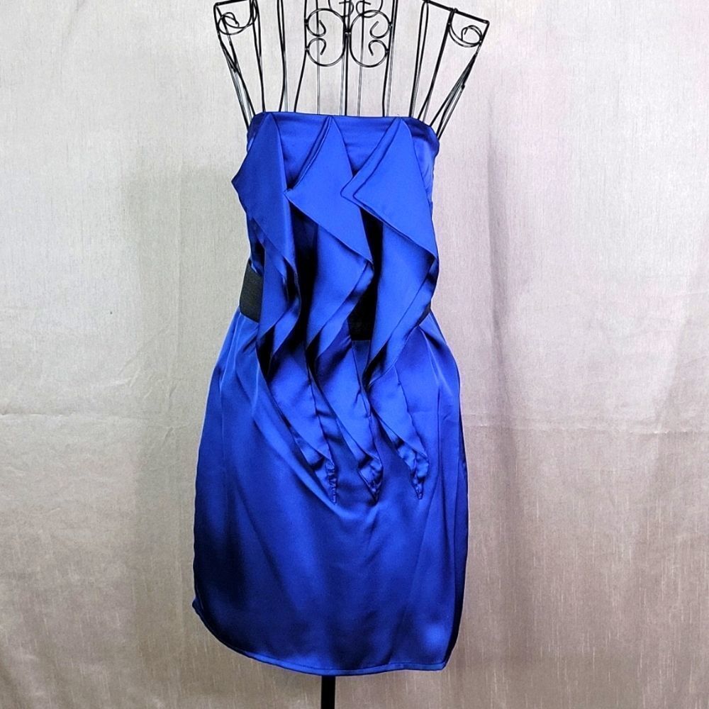 Cobalt Blue Strapless Cascading Ruffle Cocktail Dress Medium